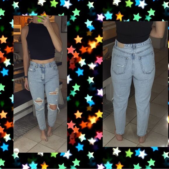 Pull&Bear Womens Light Wash Distressed Ankle Mom Jeans - Picture 1 of 7